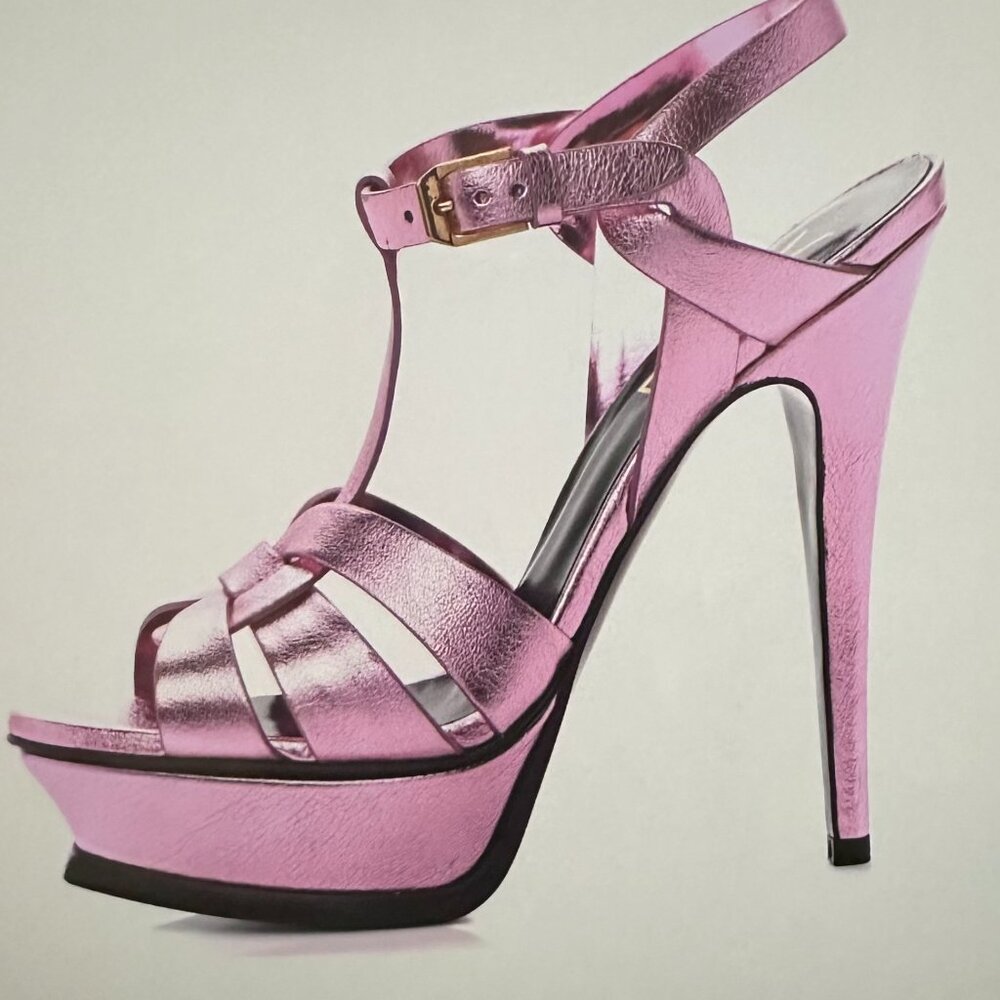 SAINT LAURENT YSL Tribute 105 Calfskin Metallic Pink Sandals, 38 Y2K 80’s